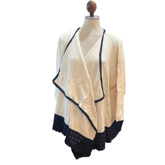 Liz Claiborne sweater open crochet trim cream navy brand new with tags s…